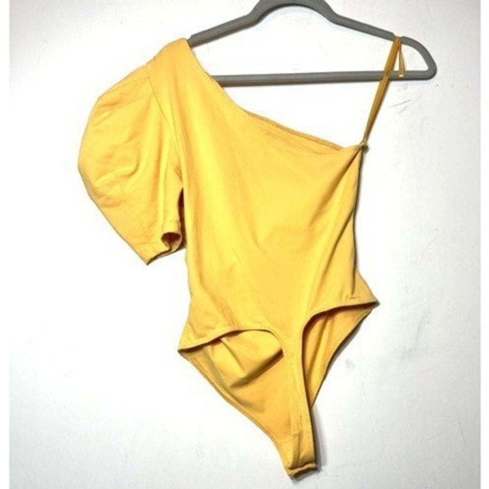 Intimately Free People One Shoulder Puff Sleeve READ Yellow Ruched Thong XS - Picture 2 of 8